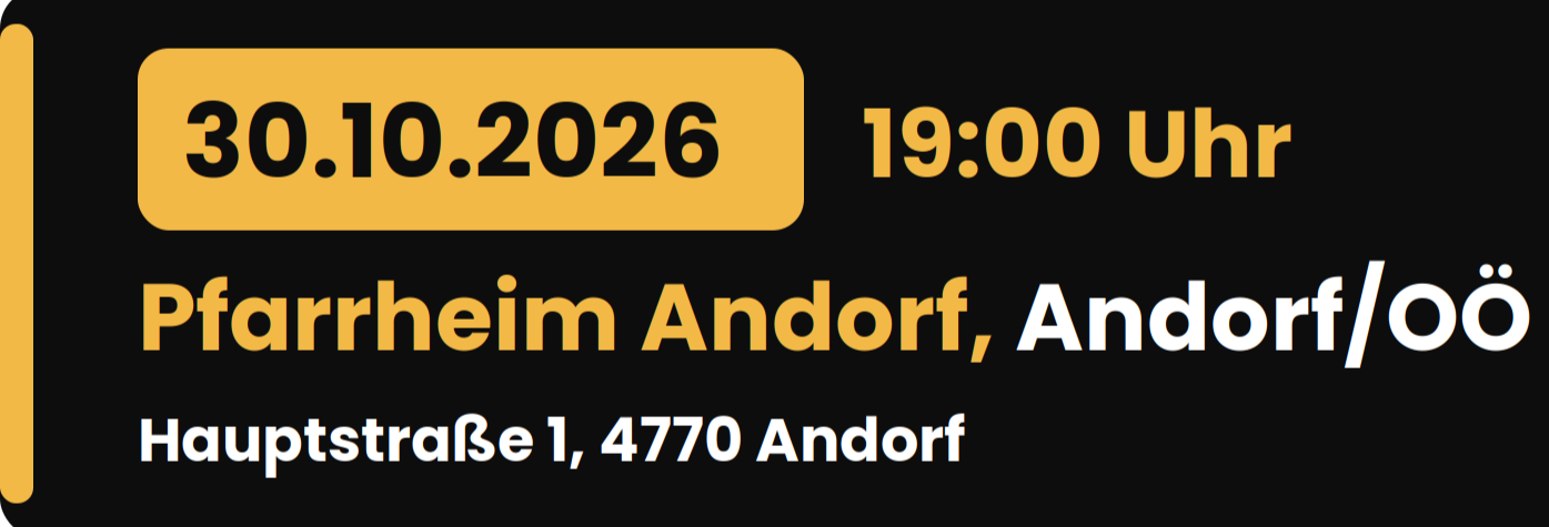 Rudi Strahl's Comedy Show am 30. Oktober 2026 in 4770 Andorf Rudi Strahl's Comedy Show am 30. Oktober 2026 um 19:00 Uhr im Pfarrheim Andorf, Hauptstraße 1, 4770 Andorf
