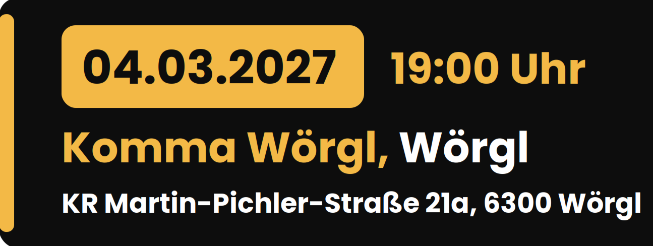 Coué Comedy Show mit Rudi Strahl am 4. März 2027 in 6300 Wörgl Coué Comedy Show mit Rudi Strahl am 4. März 2027 um 19:00 Uhr im Komma Wörgl, KR Martin-Pichler-Straße 21a, 6300 Wörgl