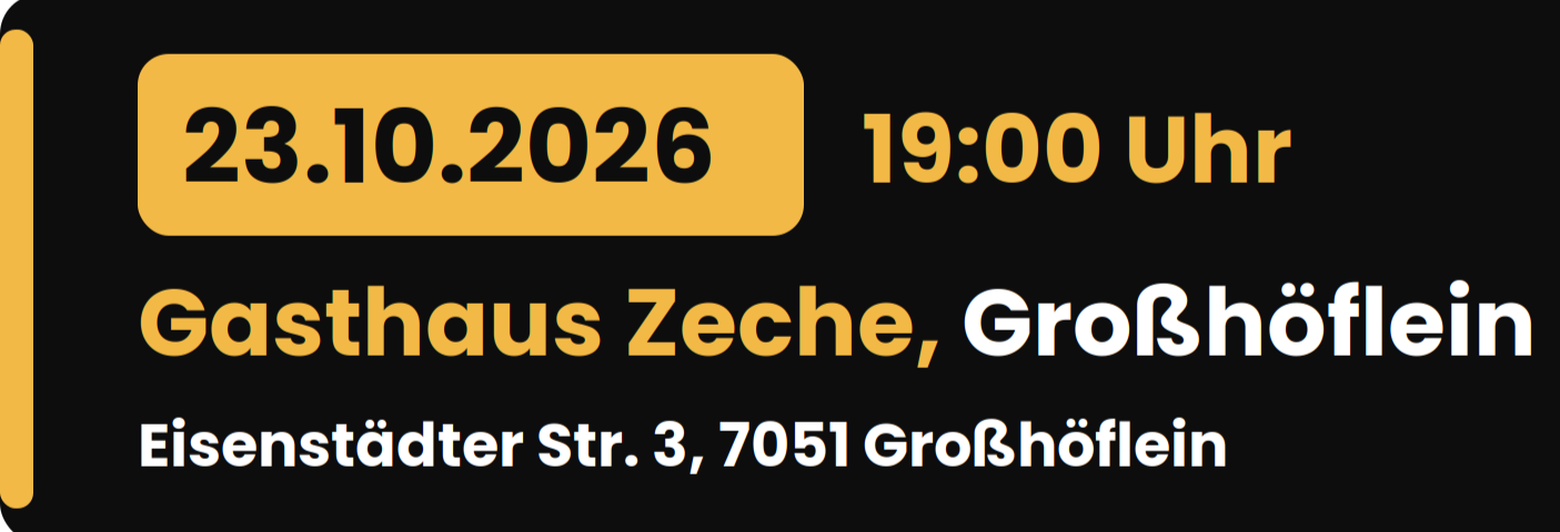 Rudi Strahl's Comedy Show – 23. Oktober 2026, Großhöflein Rudi Strahl's Comedy Show am 23. Oktober 2026 um 19:00 Uhr im Gasthaus Zeche, Eisenstädter Straße 3, 7051 Großhöflein