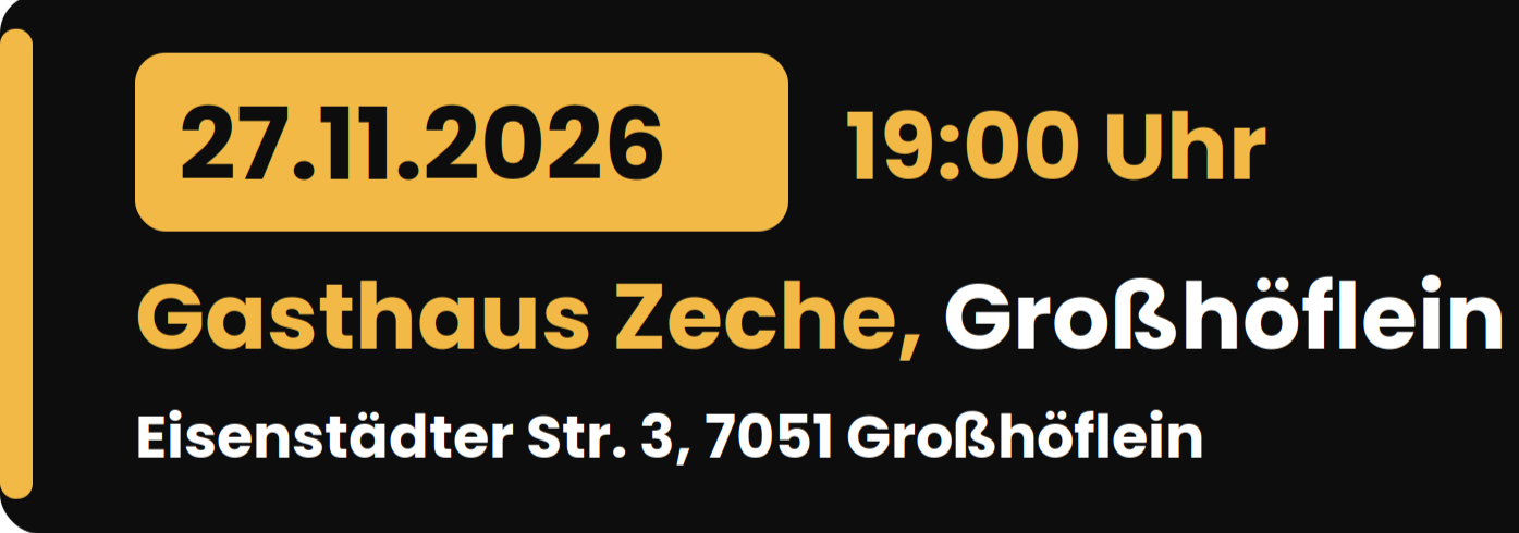Rudi Strahl's Comedy Show am 27. November 2026 in 7051 Großhöflein Rudi Strahl's Comedy Showam 27. November 2026 um 19:00 Uhr im Gasthaus Zeche, Eisenstädter Straße 3, 7051 Großhöflein